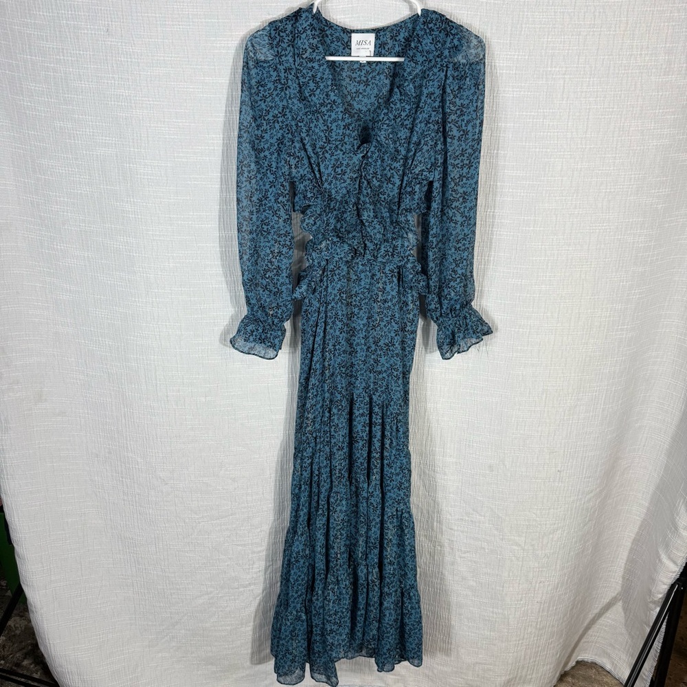 MISA Los Angeles Amelia Maxi Dress Cut-Out Ruffled Cerulean Ditzy Small - Picture 3 of 15